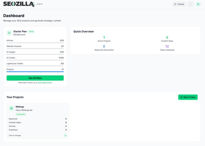 SEOZilla Dashboard with project